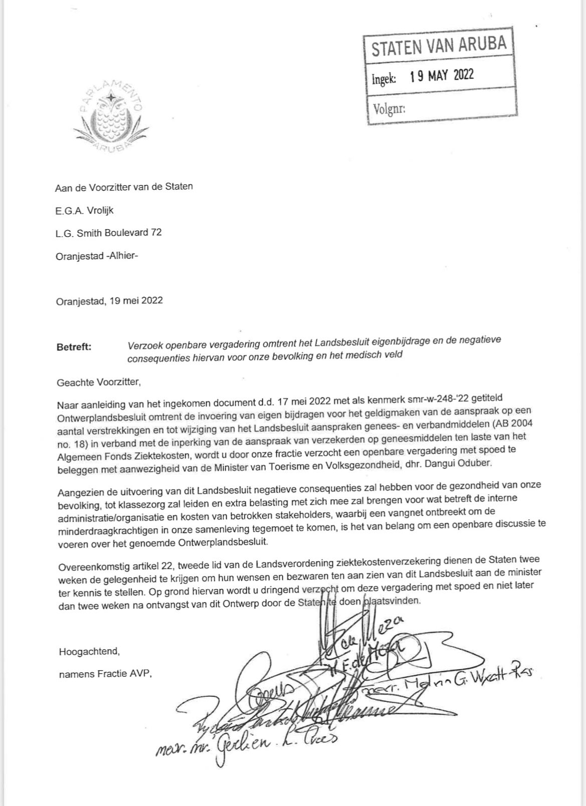 Mervin Wyatt-Ras: Fraccion Di Avp Cu Carta Pa Pidi Reunion Publico Encuanto E Medidanan Di Eigenbijdrage Y Austeridad Di Lista Positivo Di Remedinan 160 Image1 1