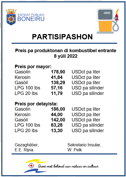 Adaptashon Preis Di Kombustibel Na Boneiru 161 20220707 Mededeling Brandstofprijzen Pap