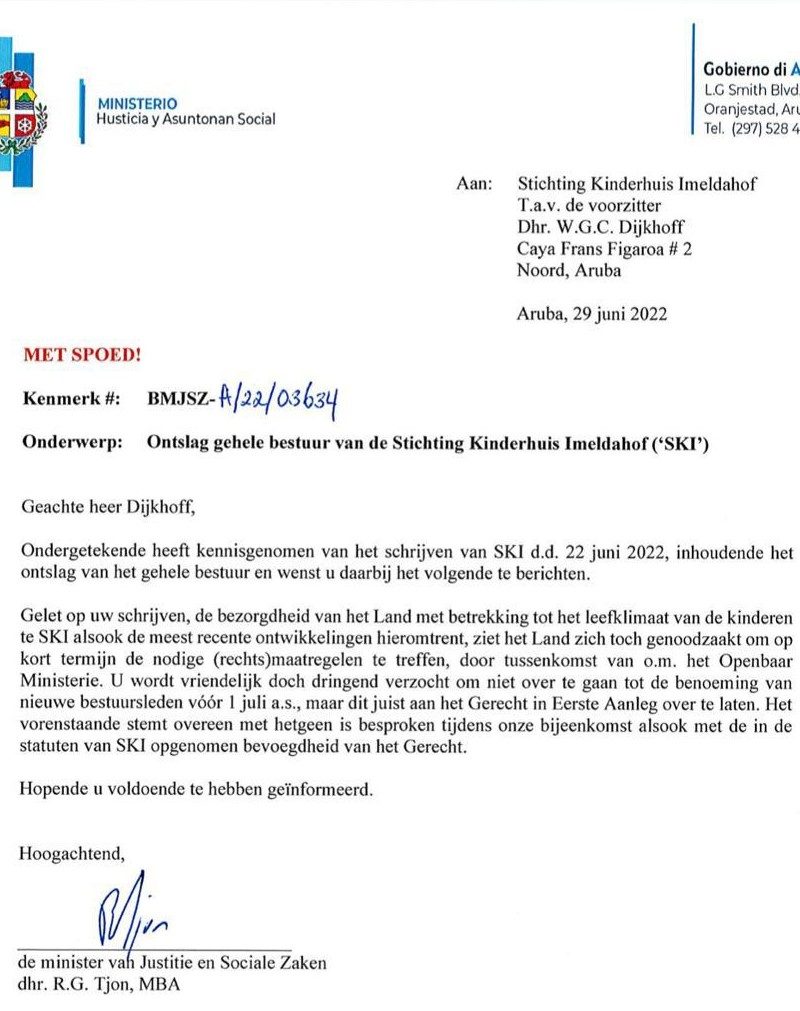 Minister Rocco Tjon: A Apunta Directiva Nobo Temporalmente Pa Stichting Kindertehuis Imeldahof A Peticion Di E Directiva Saliente 161 Carta Minjsz Pa Imeldahof
