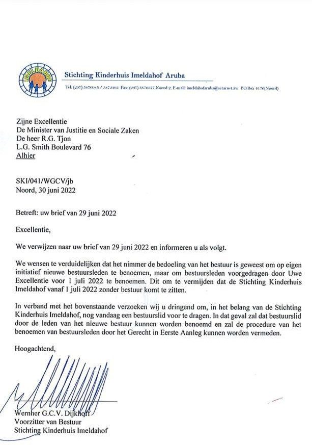 Minister Rocco Tjon: A Apunta Directiva Nobo Temporalmente Pa Stichting Kindertehuis Imeldahof A Peticion Di E Directiva Saliente 160 Carta Imeldahof