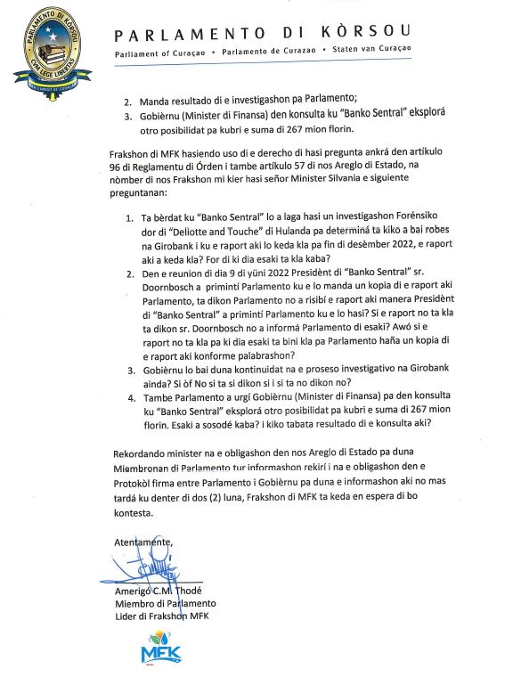 Amerigó Thodé Lider Di Frakshon Di (Mfk) Cu Peticion Na President Di Parlamento Riba Investigashon Forénsiko 160 2