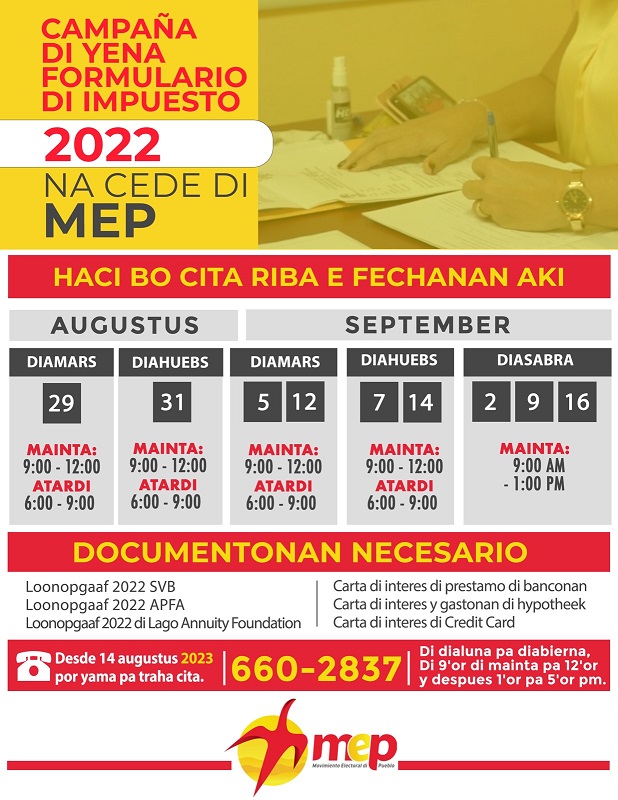 Lider Di Mep Sra. Evelyn Wever-Croes: Partido Mep Cu Campaña Pa Yena Formulario Di Impuesto 2022 160 Yena Impuesto Na Cede Di Mep