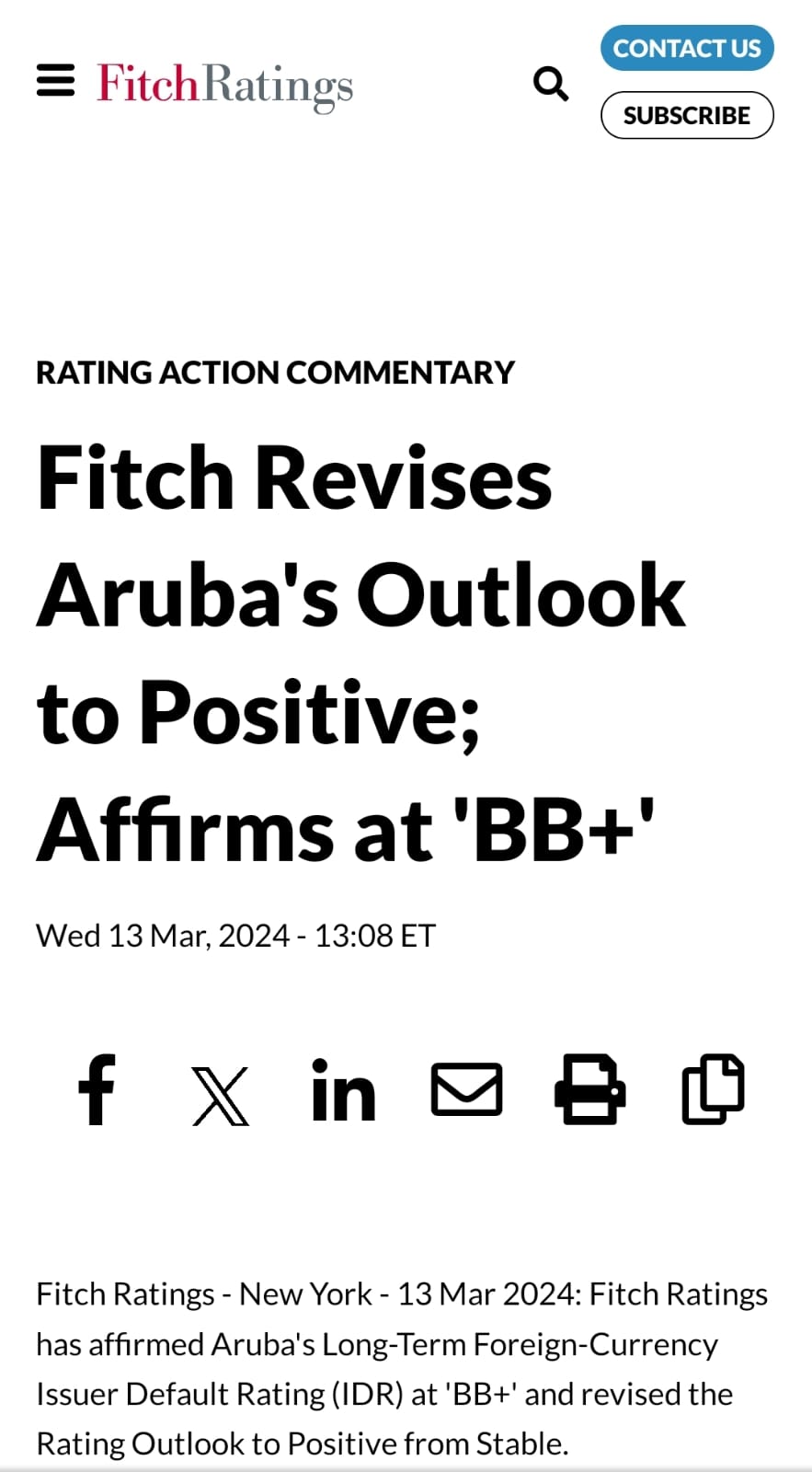 Minister Maduro Di Finansa Ta Informa: Fitch Ta 'Upgrade' Aruba Cu Un 'Positive Outlook' Den Nan Evaluacion Economico Y Financiero 160 Fitch Revises