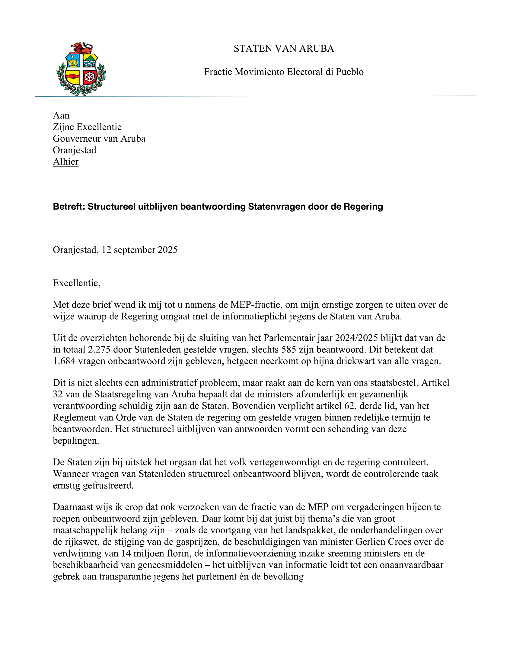 Statenlid Evelyn Wever-Croes: “Structureel Negeren Van Statenvragen Is Respectloos En Onhoudbaar” 161 20250912 Brief Aan Gouverneur Uitblijven Van Antwoorden Op Vragen Van Statenleden 1 1