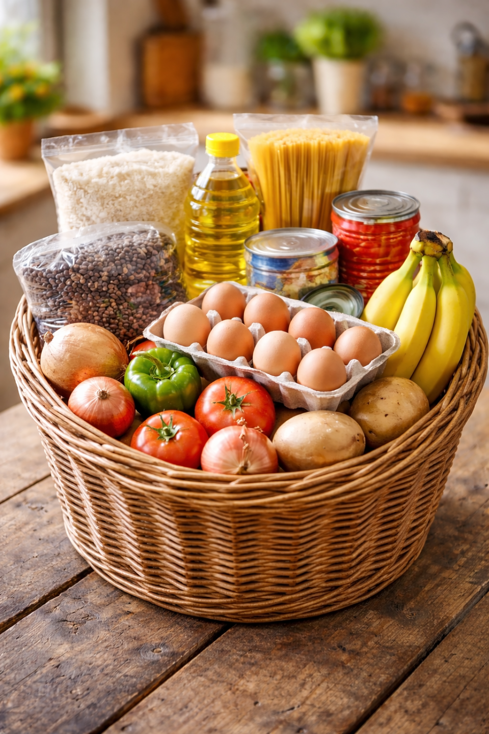 Basket Of Staple Foods On Wooden Table