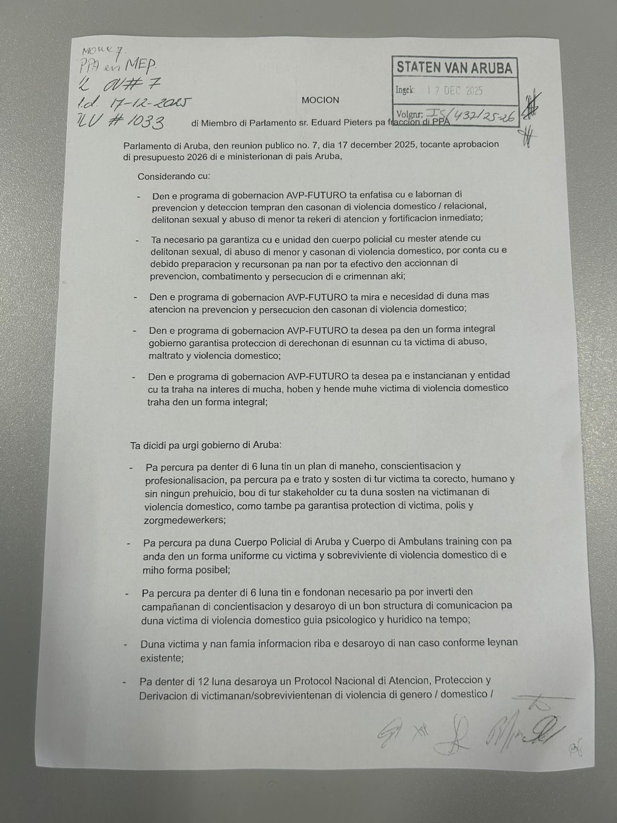 Parlamentario Eduard Pieters (Ppa): ‘Un Mocion Cu Tabata E Grito Di Esunnan Cu No Por Sigui Keda Keto’ 168 Mosion 2