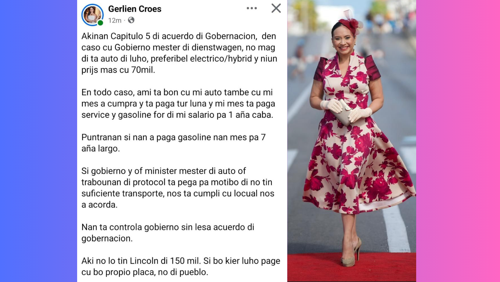 Minister Gerlien Croes promoting private electric/hybrid car company while not yet accounting for private Jet trip