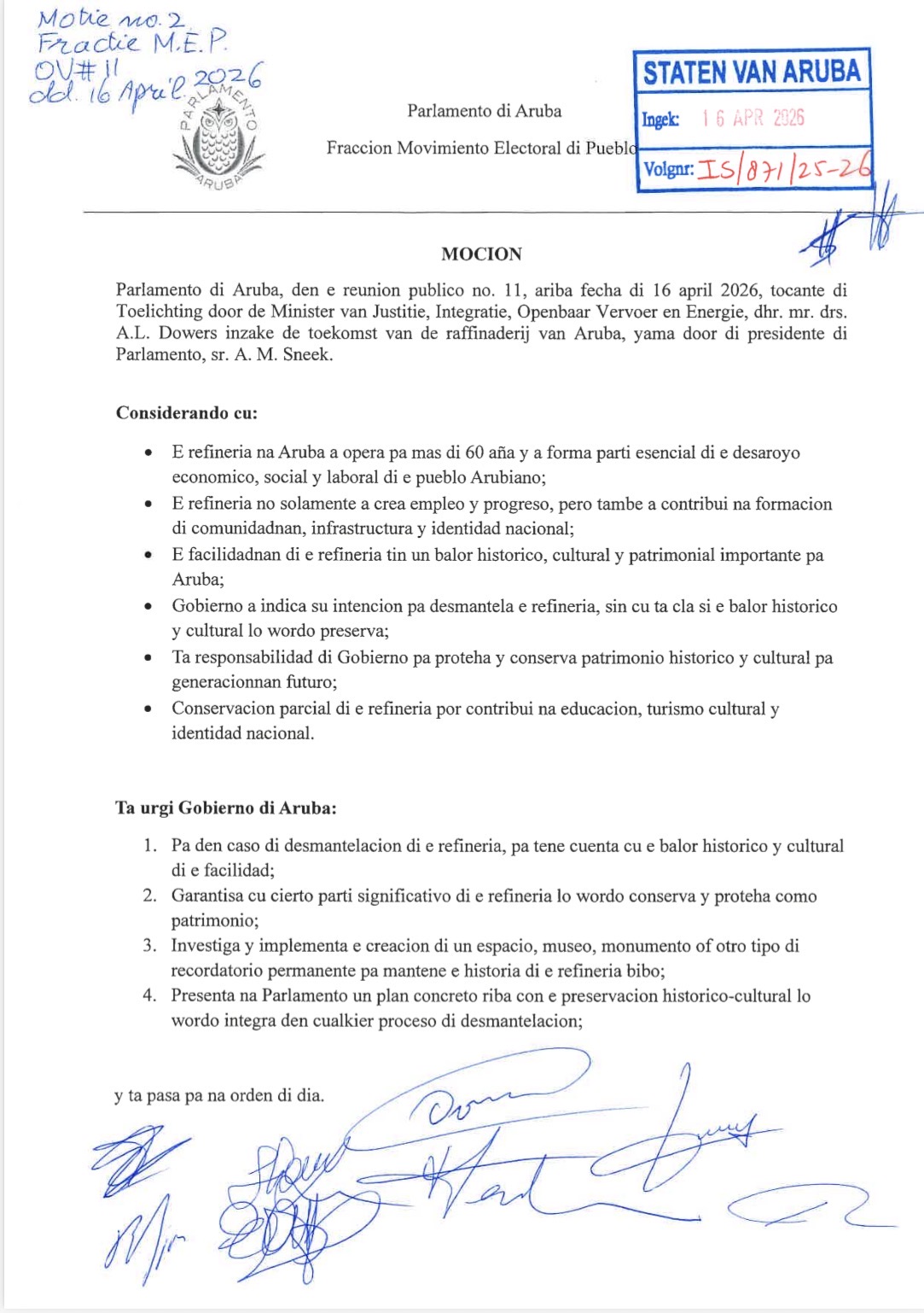 Xiomara Maduro: Parliament of Aruba Unanimously Approves Motion to Conserve Refinery History