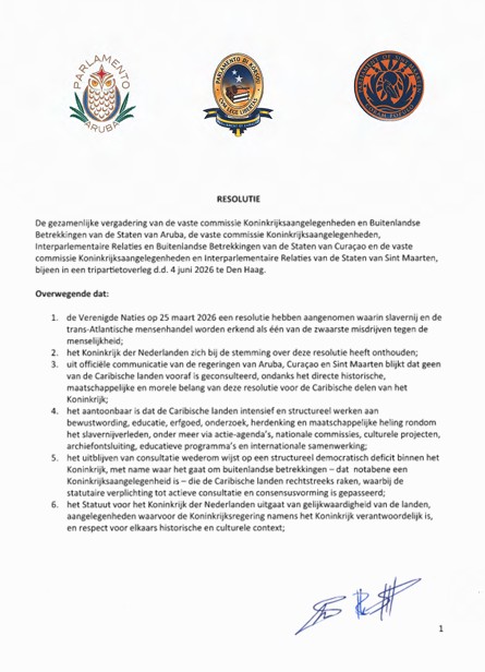 Shailiny Tromp-Lee: Parliaments Of Aruba, Curaçao, And Sint Maarten Join Forces: “No Decisions About Our Past Without Our Voice In The Present” 160 Resolutie P.1