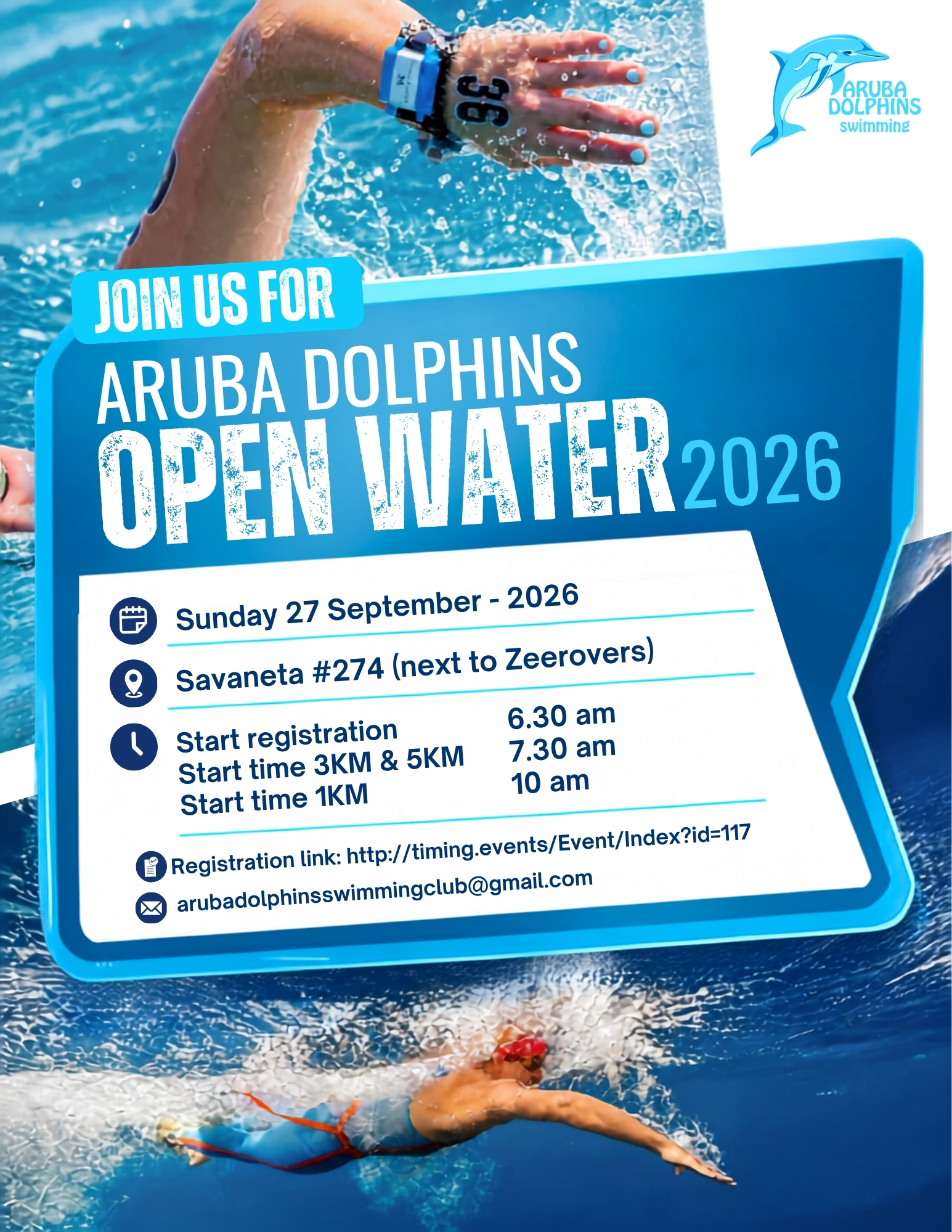 Aruba Dolphins Open Water 2026: Are You Ready For The Open Water Challenge? 160 Aruba Dolphins Open Water 2026 Flyer